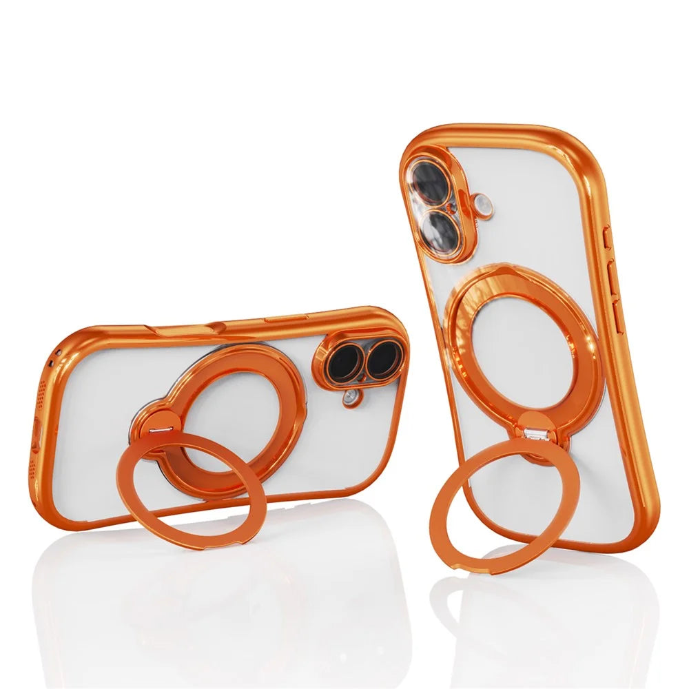 For iPhone 17 Case Rotating Magnetic Kickstand Shockproof TPU Electroplating Phone Cover - Orange - 2