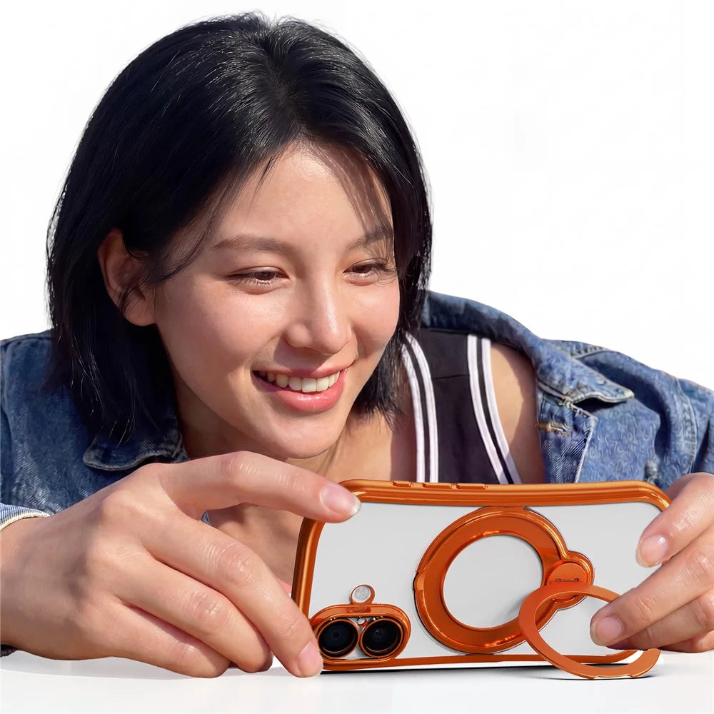 For iPhone 17 Case Rotating Magnetic Kickstand Shockproof TPU Electroplating Phone Cover - Orange - 3