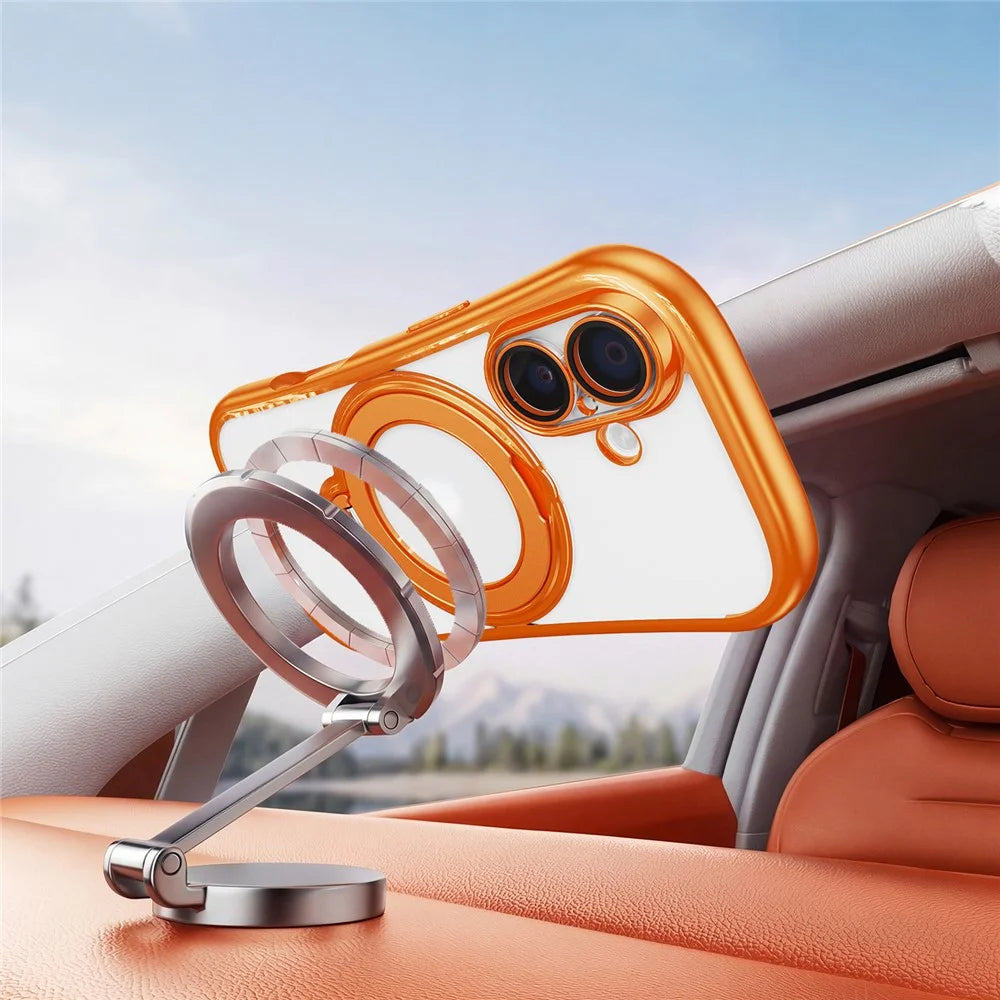 For iPhone 17 Case Rotating Magnetic Kickstand Shockproof TPU Electroplating Phone Cover - Orange - 4