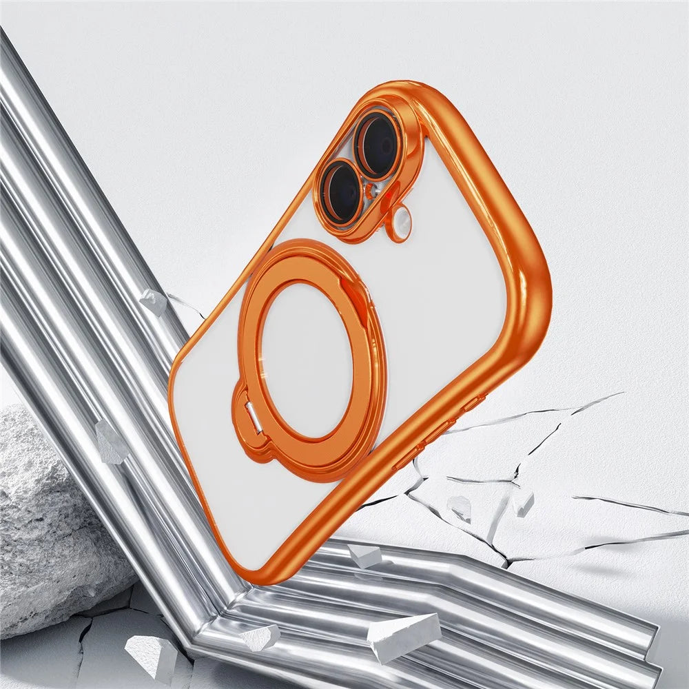 For iPhone 17 Case Rotating Magnetic Kickstand Shockproof TPU Electroplating Phone Cover - Orange - 6