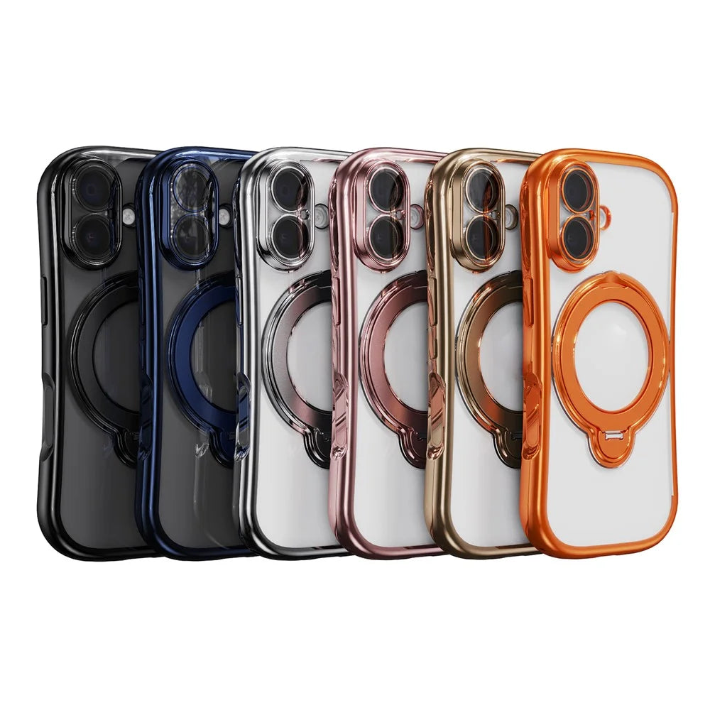 For iPhone 17 Case Rotating Magnetic Kickstand Shockproof TPU Electroplating Phone Cover - Orange - 7
