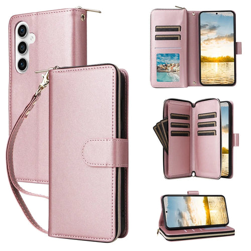 For Samsung Galaxy S26 FE  /  S25 FE Case 9 Card Slots Zipper Pocket PU Leather Phone Cover with Wrist Strap - Rose Gold - 1