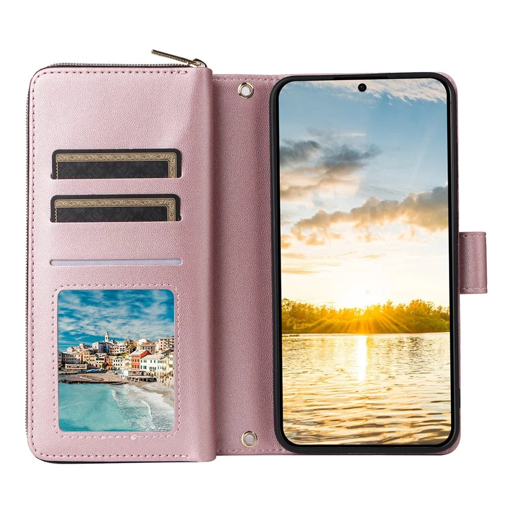 For Samsung Galaxy S26 FE  /  S25 FE Case 9 Card Slots Zipper Pocket PU Leather Phone Cover with Wrist Strap - Rose Gold - 2