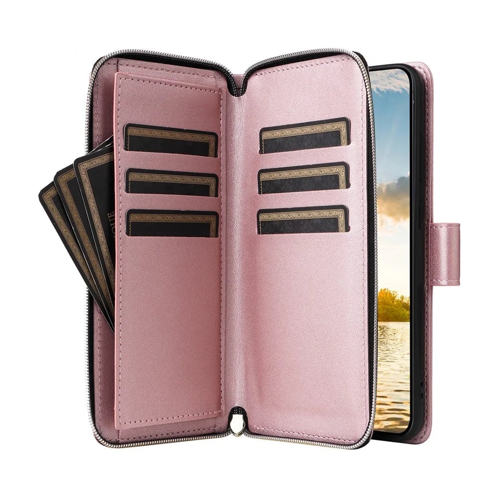For Samsung Galaxy S26 FE  /  S25 FE Case 9 Card Slots Zipper Pocket PU Leather Phone Cover with Wrist Strap - Rose Gold - 3