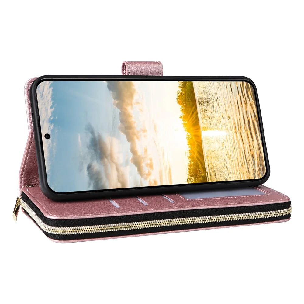 For Samsung Galaxy S26 FE  /  S25 FE Case 9 Card Slots Zipper Pocket PU Leather Phone Cover with Wrist Strap - Rose Gold - 4