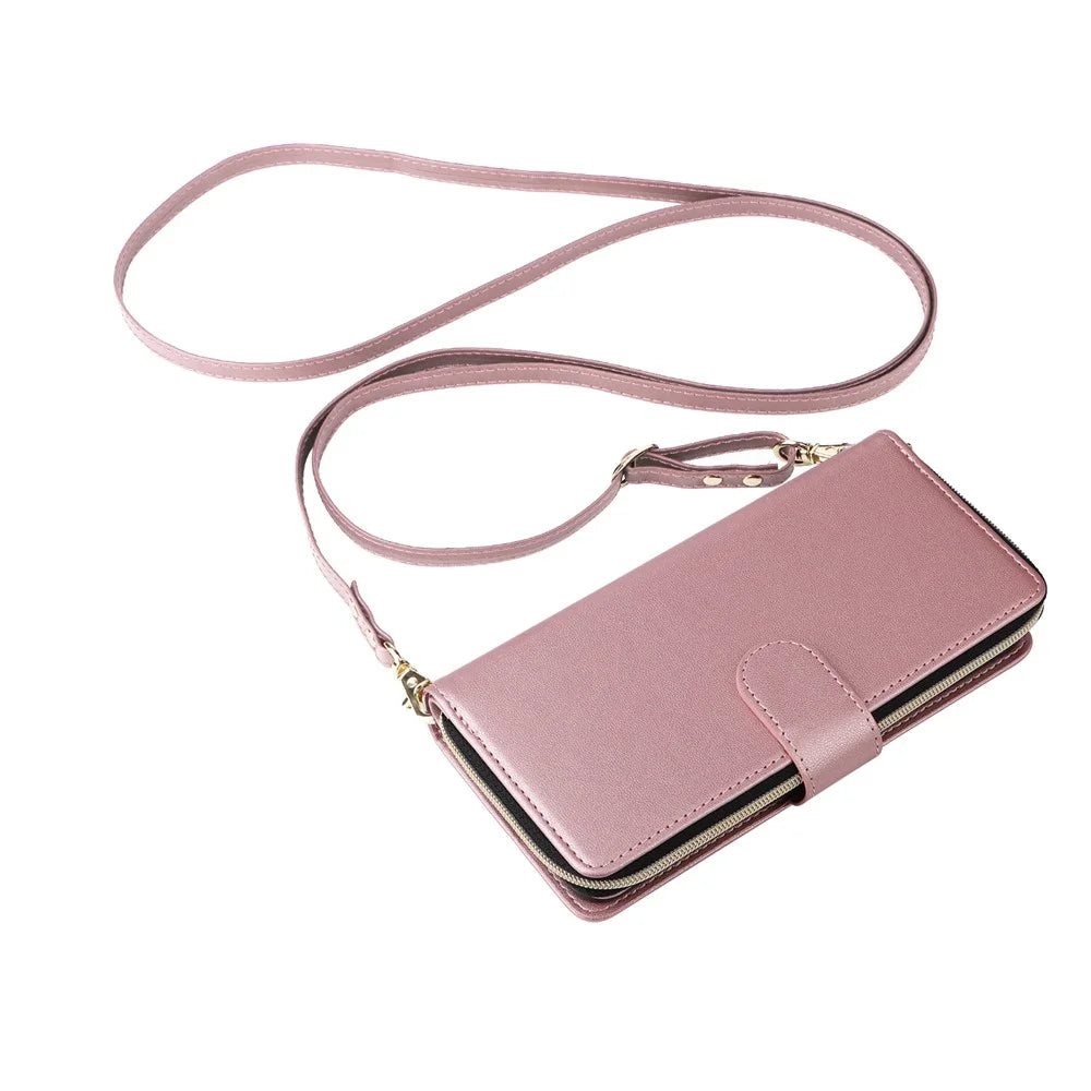 For Samsung Galaxy S26 FE  /  S25 FE Case 9 Card Slots Zipper Pocket PU Leather Phone Cover with Wrist Strap - Rose Gold - 5