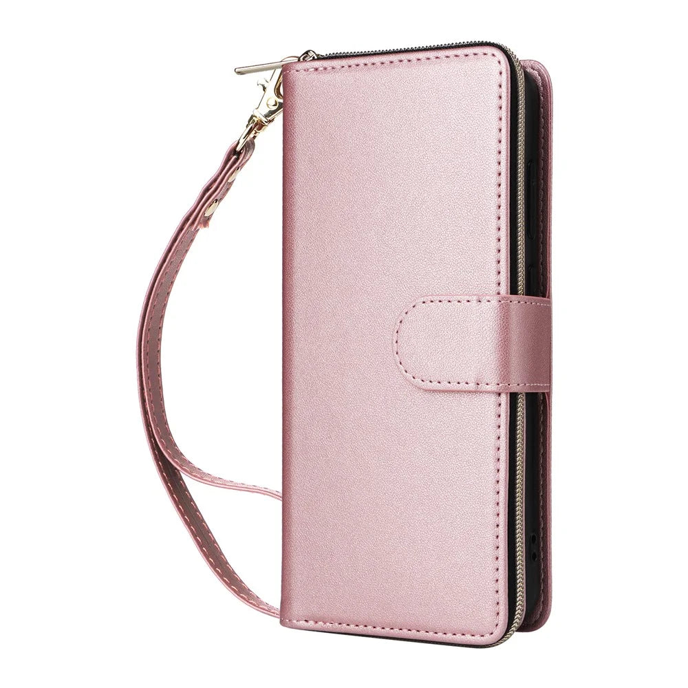 For Samsung Galaxy S26 FE  /  S25 FE Case 9 Card Slots Zipper Pocket PU Leather Phone Cover with Wrist Strap - Rose Gold - 6