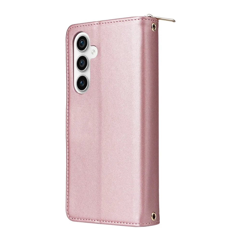 For Samsung Galaxy S26 FE  /  S25 FE Case 9 Card Slots Zipper Pocket PU Leather Phone Cover with Wrist Strap - Rose Gold - 7