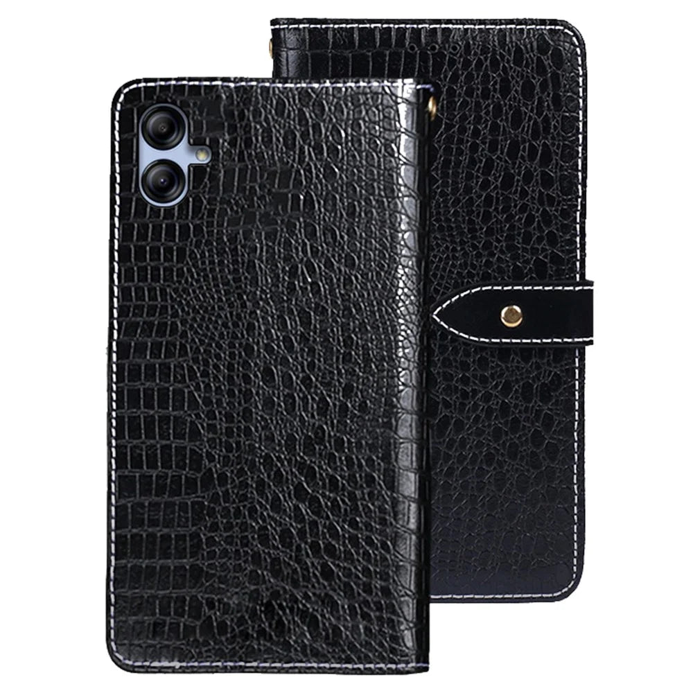 IDEWEI Phone Flip Cover for Samsung Galaxy A04e 4G / F04 4G / M04 4G , Magnetic Closure Crocodile Texture PU Leather Wallet Stand Phone Case - Black - 1