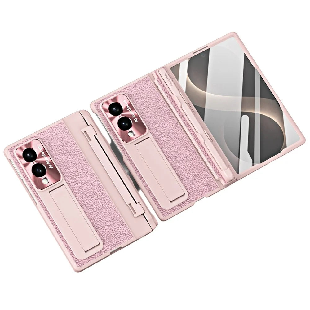 For Samsung Galaxy Z Fold8 Case Kickstand Leather + PC Phone Cover with Tempered Glass Film / Stylus - Pink - 1