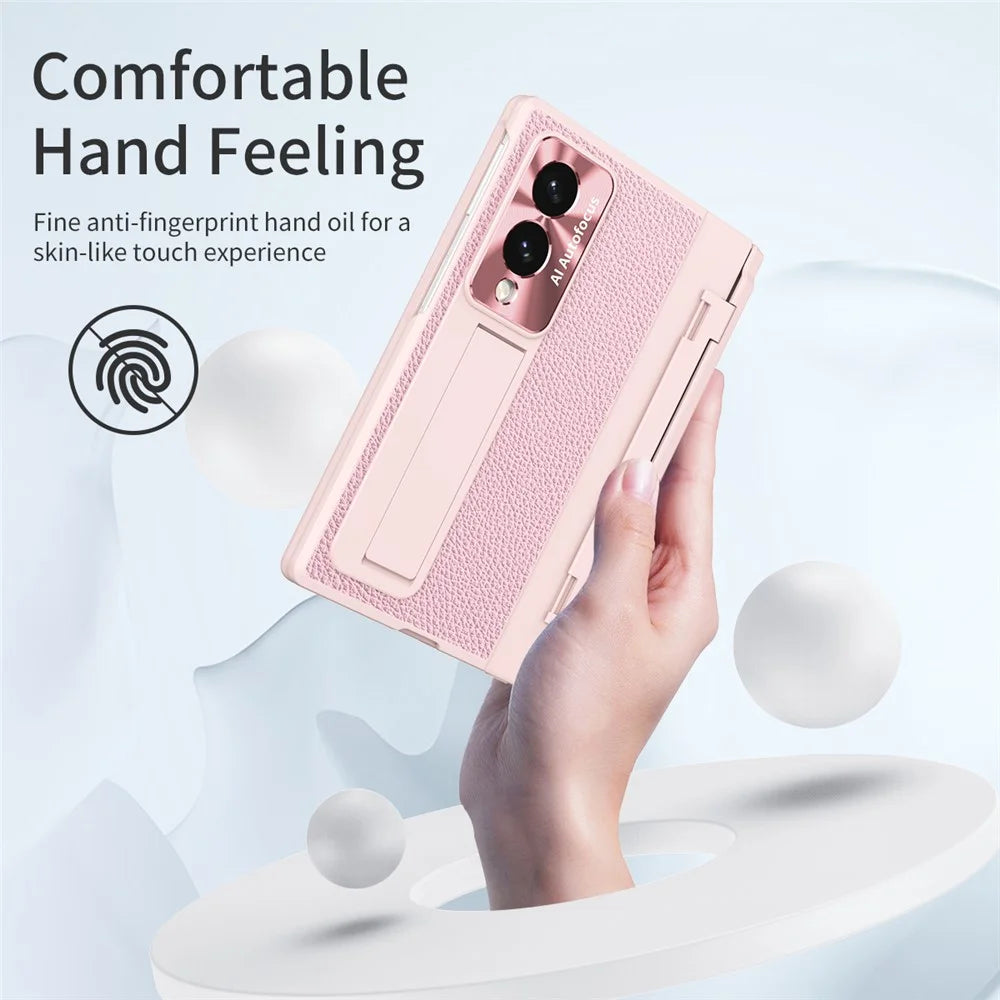 For Samsung Galaxy Z Fold8 Case Kickstand Leather + PC Phone Cover with Tempered Glass Film / Stylus - Pink - 2
