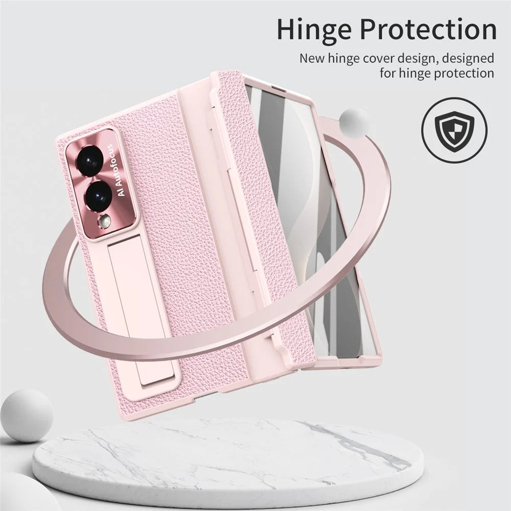 For Samsung Galaxy Z Fold8 Case Kickstand Leather + PC Phone Cover with Tempered Glass Film / Stylus - Pink - 3
