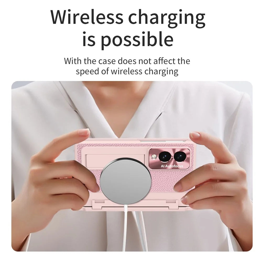 For Samsung Galaxy Z Fold8 Case Kickstand Leather + PC Phone Cover with Tempered Glass Film / Stylus - Pink - 6