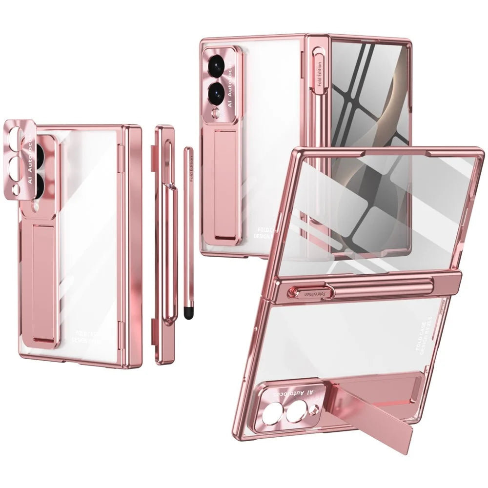 For Samsung Galaxy Z Fold8 Case Hinge Kickstand Clear PC Phone Cover with Stylus / Tempered Glass Film - Pink - 1