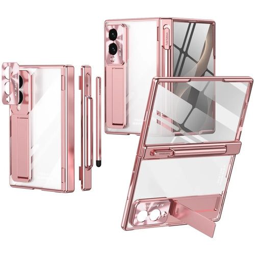 For Samsung Galaxy Z Fold8 Case Hinge Kickstand Clear PC Phone Cover with Stylus / Tempered Glass Film - Pink - 1