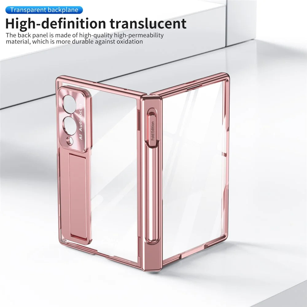 For Samsung Galaxy Z Fold8 Case Hinge Kickstand Clear PC Phone Cover with Stylus / Tempered Glass Film - Pink - 2