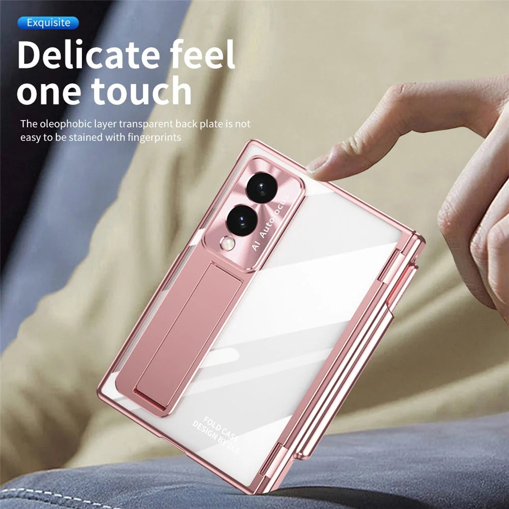 For Samsung Galaxy Z Fold8 Case Hinge Kickstand Clear PC Phone Cover with Stylus / Tempered Glass Film - Pink - 3