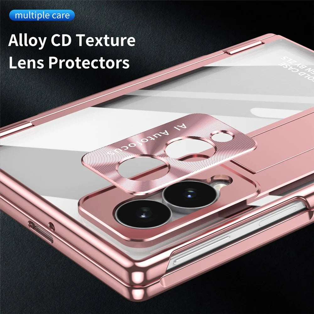 For Samsung Galaxy Z Fold8 Case Hinge Kickstand Clear PC Phone Cover with Stylus / Tempered Glass Film - Pink - 5