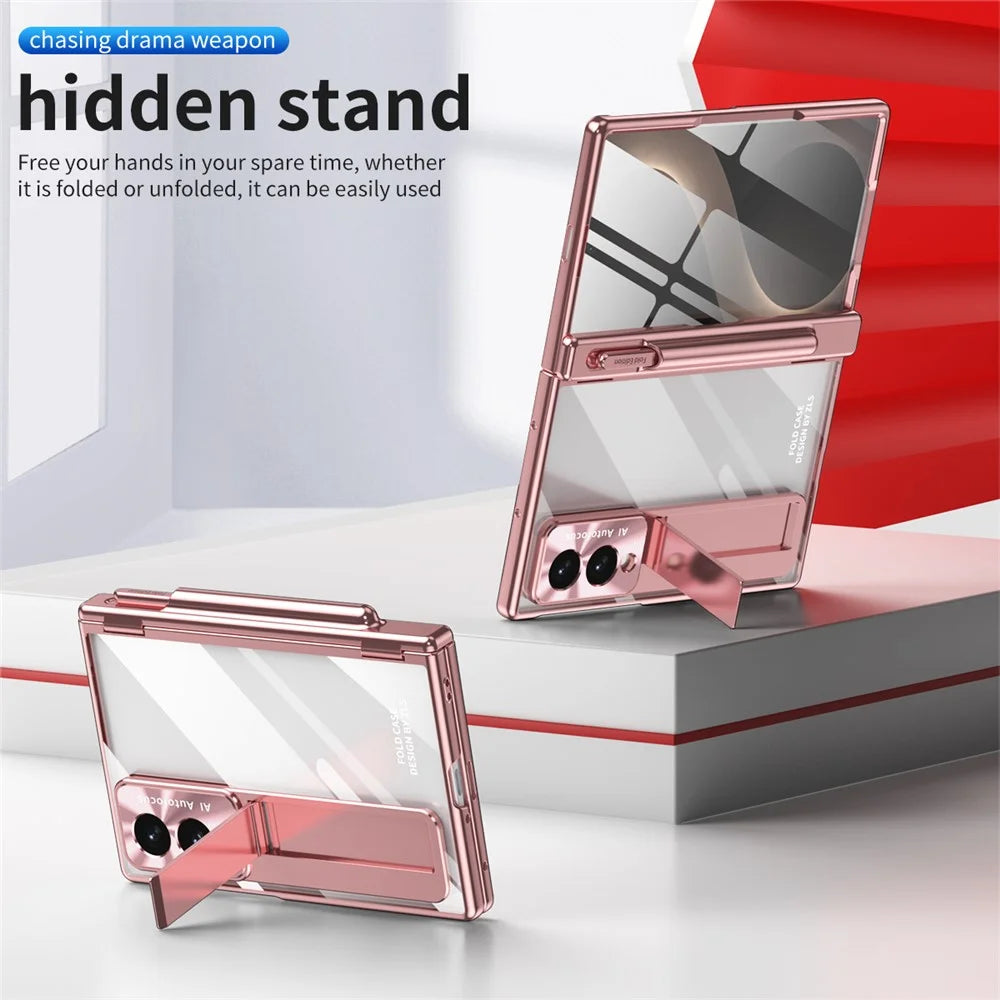 For Samsung Galaxy Z Fold8 Case Hinge Kickstand Clear PC Phone Cover with Stylus / Tempered Glass Film - Pink - 6