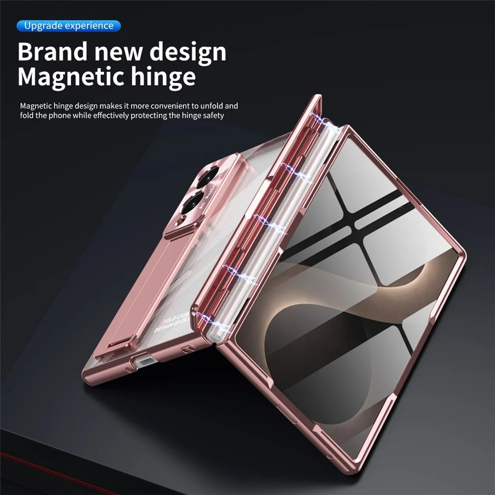 For Samsung Galaxy Z Fold8 Case Hinge Kickstand Clear PC Phone Cover with Stylus / Tempered Glass Film - Pink - 7