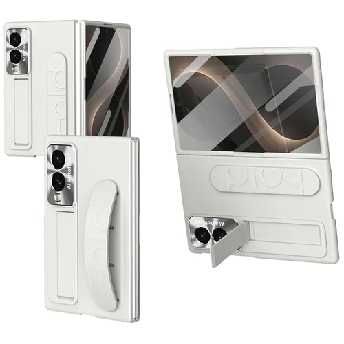 For Samsung Galaxy Z Fold8 Case Kickstand Wristband PC Phone Cover with Tempered Glass Film - White - 1