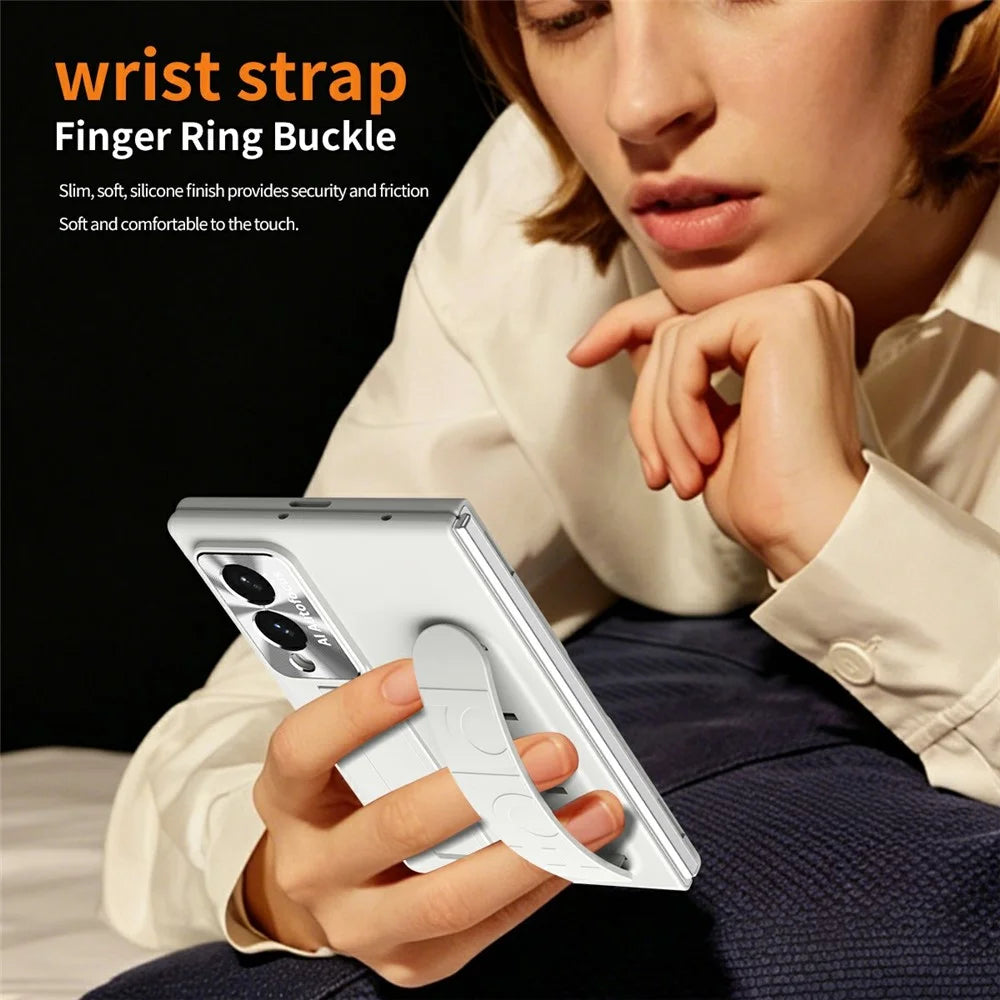 For Samsung Galaxy Z Fold8 Case Kickstand Wristband PC Phone Cover with Tempered Glass Film - White - 4