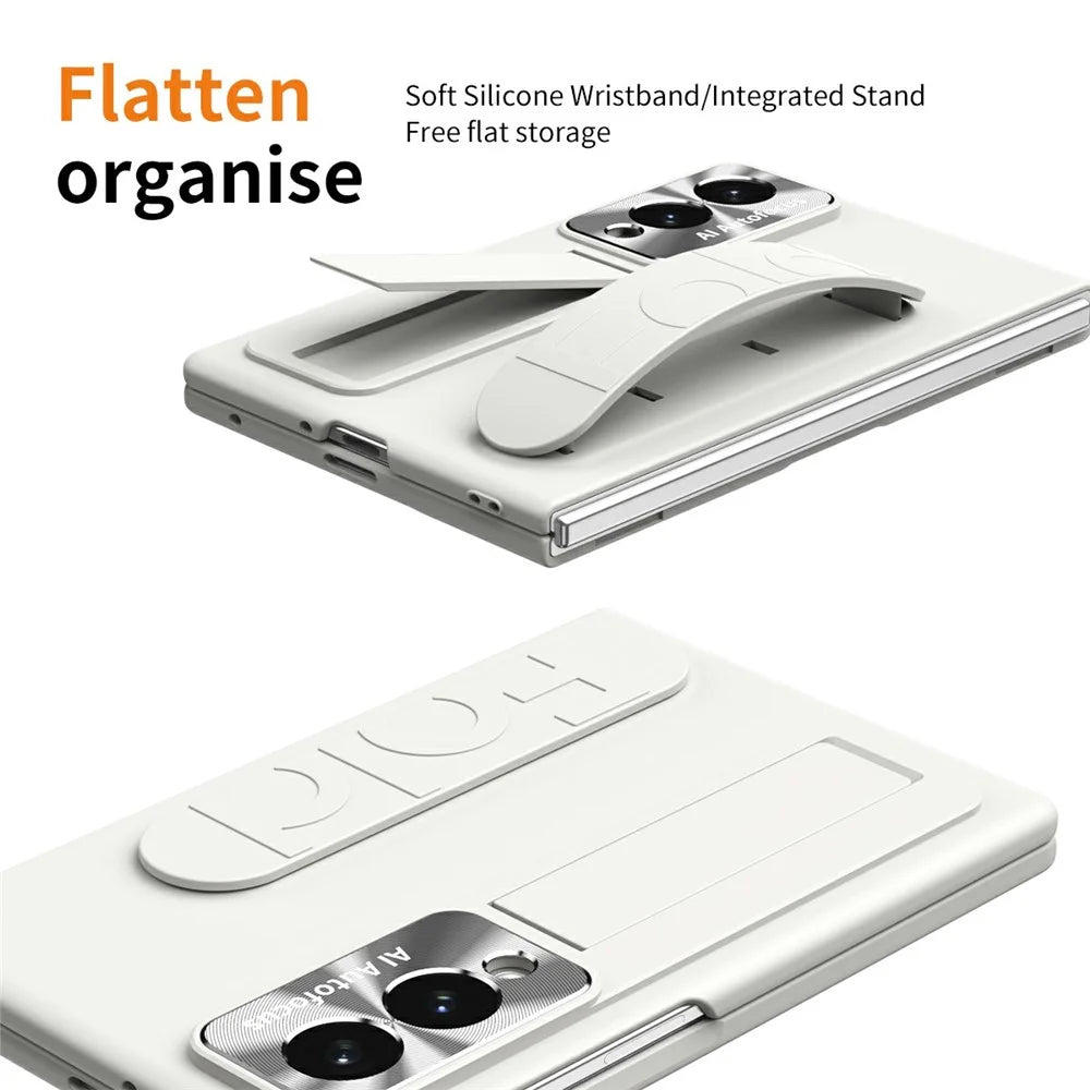 For Samsung Galaxy Z Fold8 Case Kickstand Wristband PC Phone Cover with Tempered Glass Film - White - 6