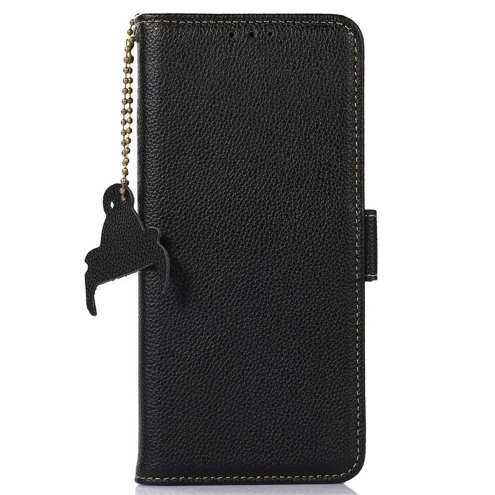 For Samsung Galaxy S26 FE Case RFID Blocking Textured Genuine Cow Leather Phone Cover - Black - 6
