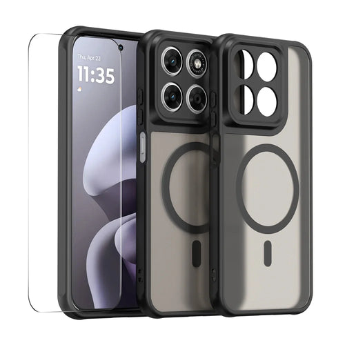 HAT PRINCE for Motorola Moto G77 5G ENKAY  Magnetic Case with 9H Tempered Glass PC TPU Matte Phone Cover - Black - 1