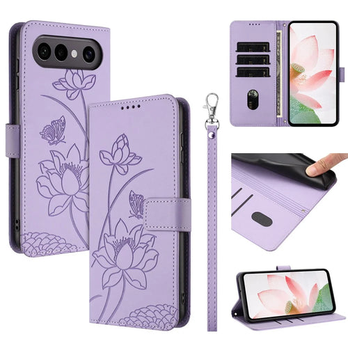 For vivo X300 FE 5G  /  S50 Pro mini 5G Case Wallet Stand Lotus Imprint Leather Phone Cover with Wrist Strap - Purple - 1