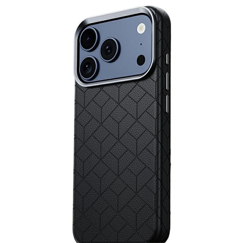 For iPhone 17 Pro Max Magnetic Case Imprinted Geometric Pattern Leather Coated PC + TPU Phone Cover - Black - 1