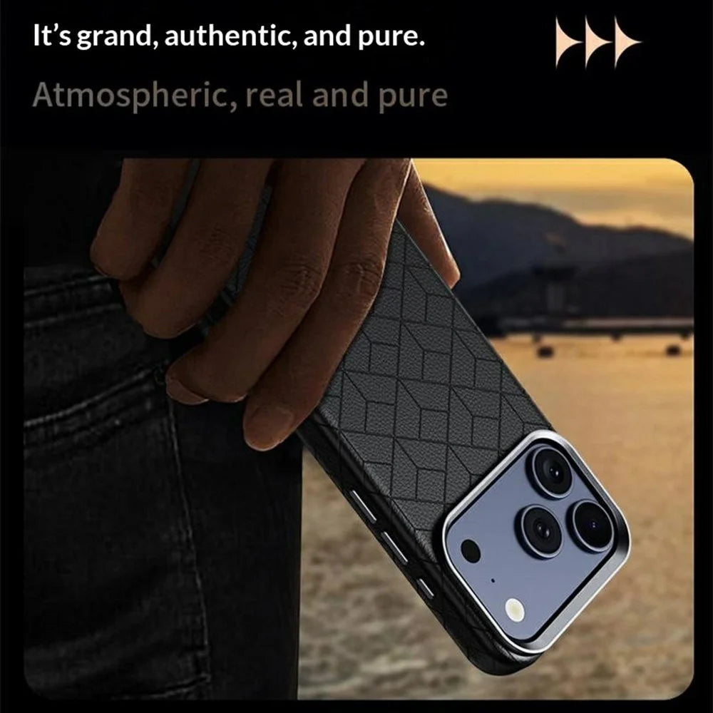 For iPhone 17 Pro Max Magnetic Case Imprinted Geometric Pattern Leather Coated PC + TPU Phone Cover - Black - 4