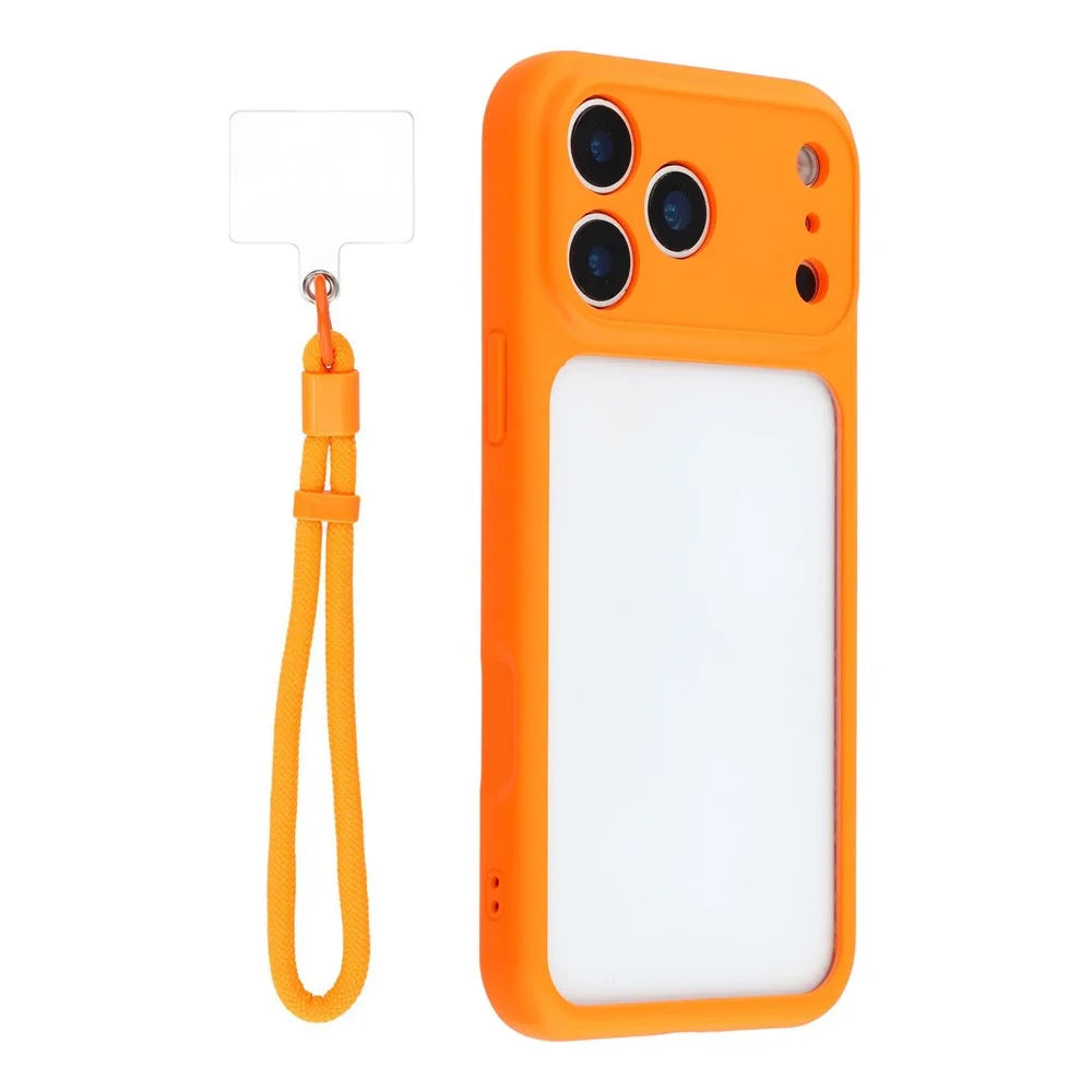 For iPhone 17 Pro Max Case Large Window TPU + PC Rubberized Phone Cover with Wrist Strap - Orange - 1