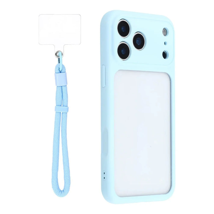 For iPhone 17 Pro Case Large Window TPU + PC Rubberized Phone Cover with Wrist Strap - Blue - 1