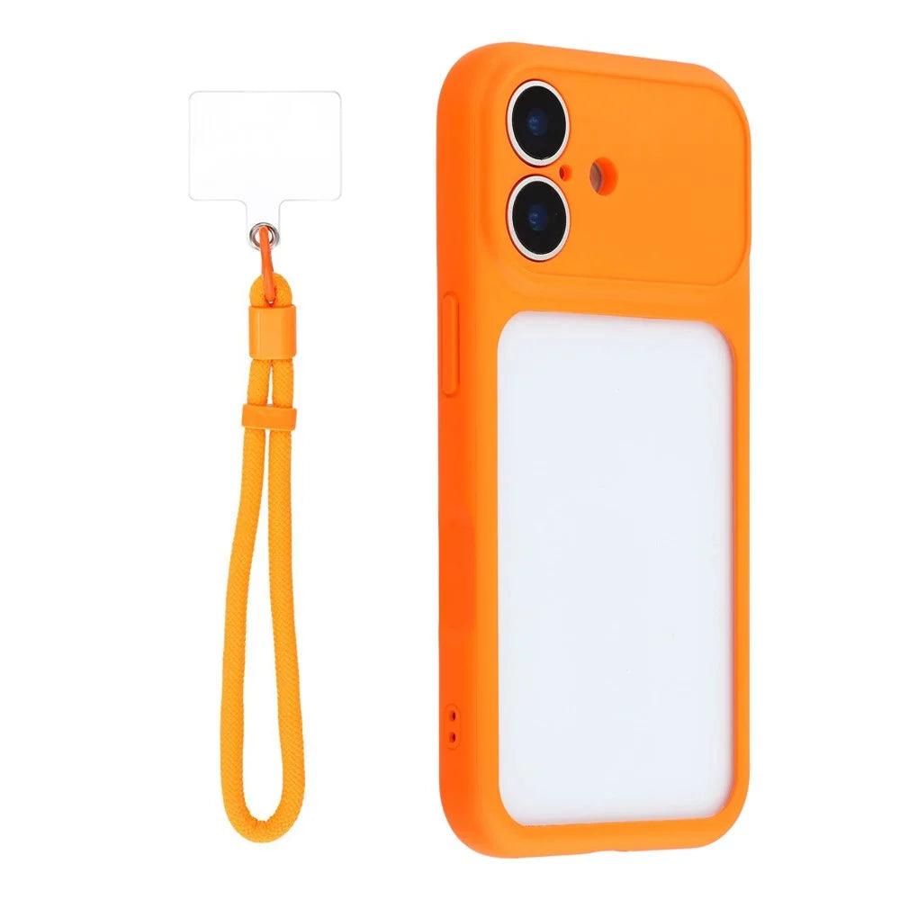 For iPhone 17 Case Large Window TPU + PC Rubberized Phone Cover with Wrist Strap - Orange - 1