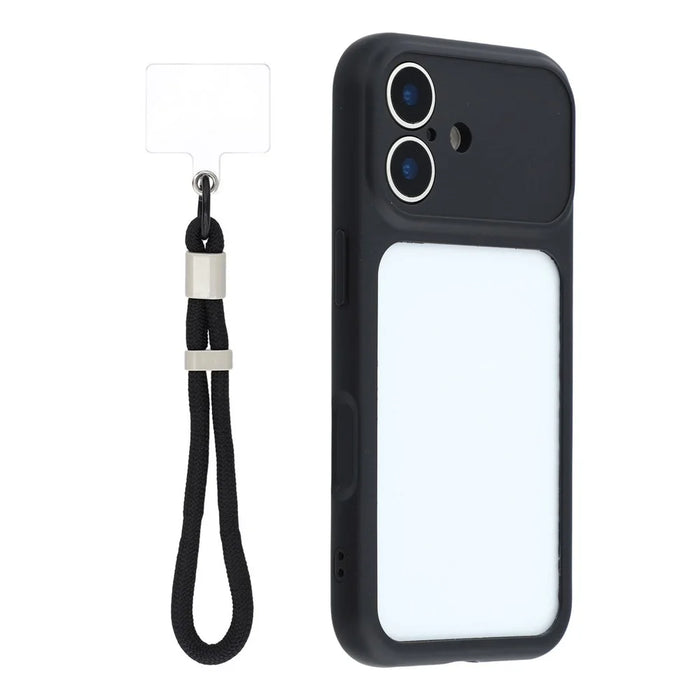 For iPhone 16 Case Large Window TPU + PC Rubberized Phone Cover with Wrist Strap - Black - 1