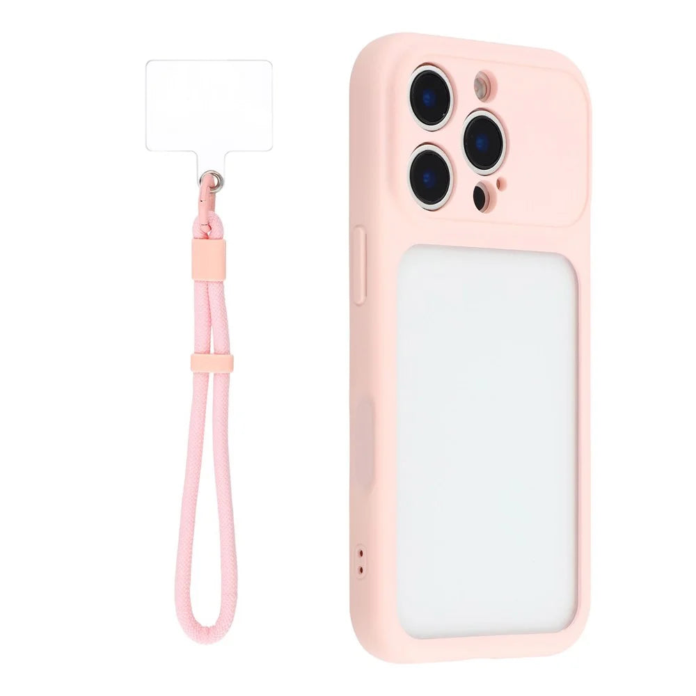 For iPhone 16 Pro Case Large Window TPU + PC Rubberized Phone Cover with Wrist Strap - Pink - 1