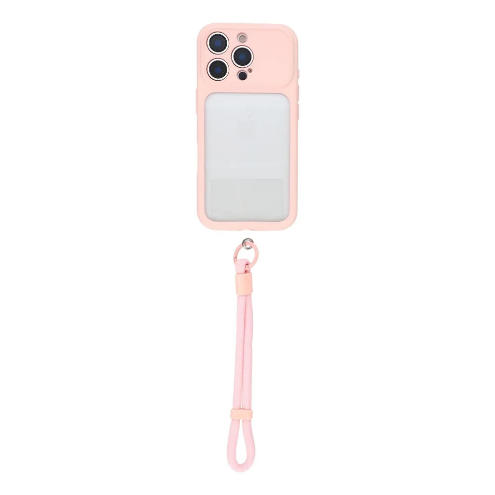For iPhone 16 Pro Case Large Window TPU + PC Rubberized Phone Cover with Wrist Strap - Pink - 2