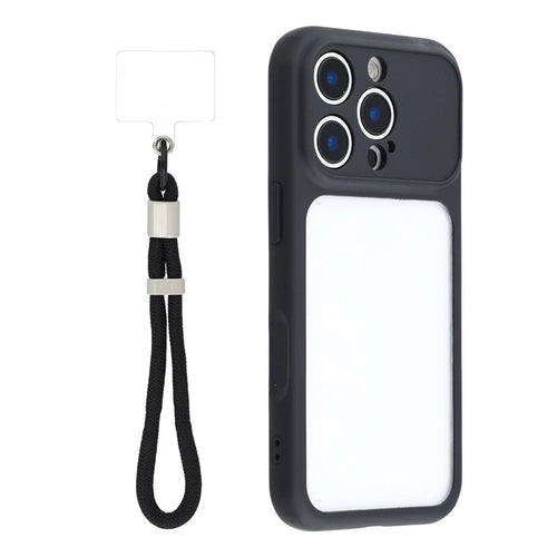 For iPhone 16 Pro Max Case Large Window TPU + PC Rubberized Phone Cover with Wrist Strap - Black - 1