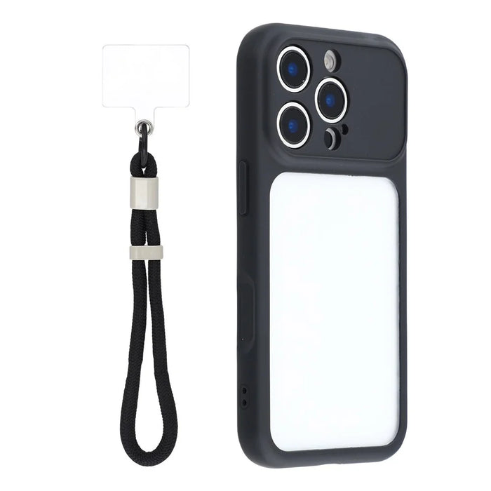 For iPhone 16 Pro Max Case Large Window TPU + PC Rubberized Phone Cover with Wrist Strap - Black - 1