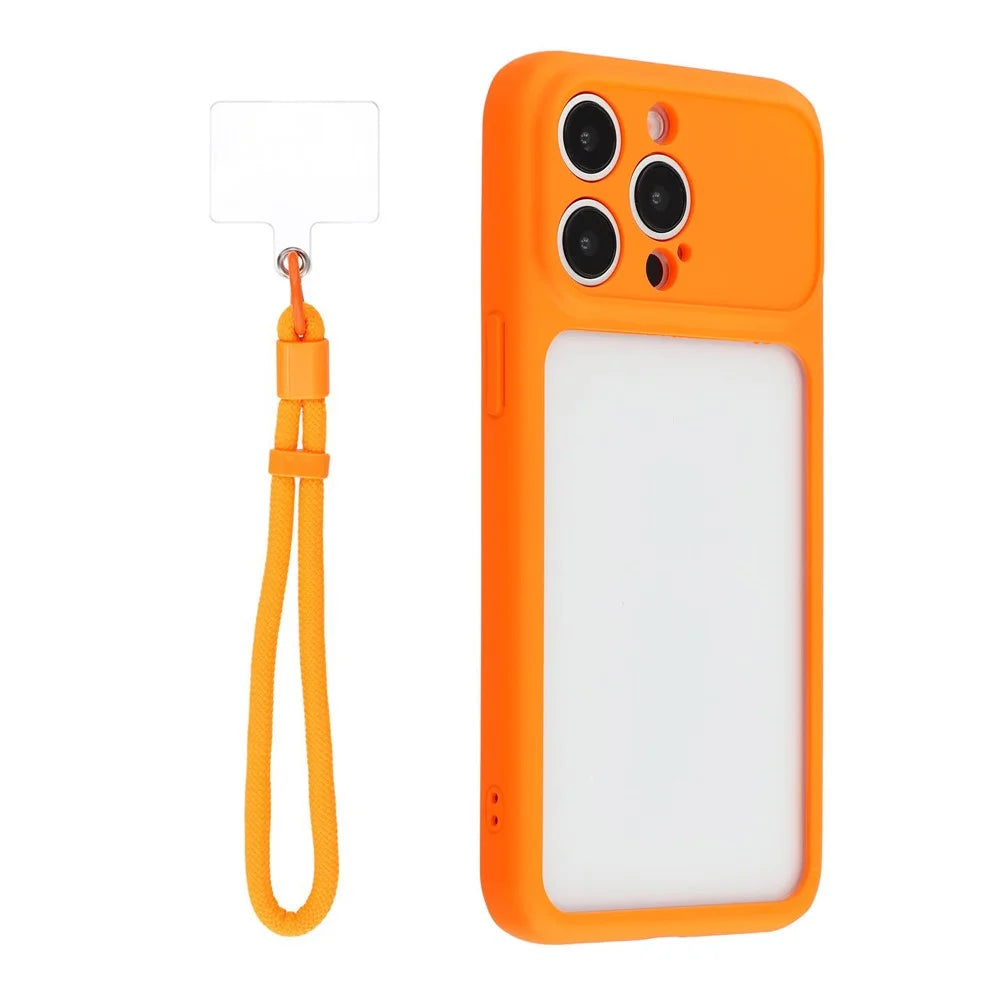 For iPhone 15 Pro Max Case Large Window TPU + PC Rubberized Phone Cover with Wrist Strap - Orange - 1
