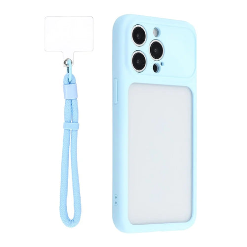 For iPhone 15 Pro Case Large Window TPU + PC Rubberized Phone Cover with Wrist Strap - Blue - 1