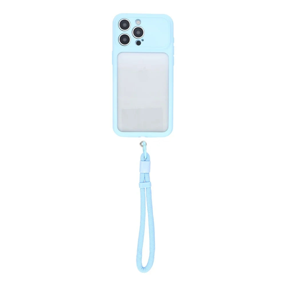 For iPhone 15 Pro Case Large Window TPU + PC Rubberized Phone Cover with Wrist Strap - Blue - 2