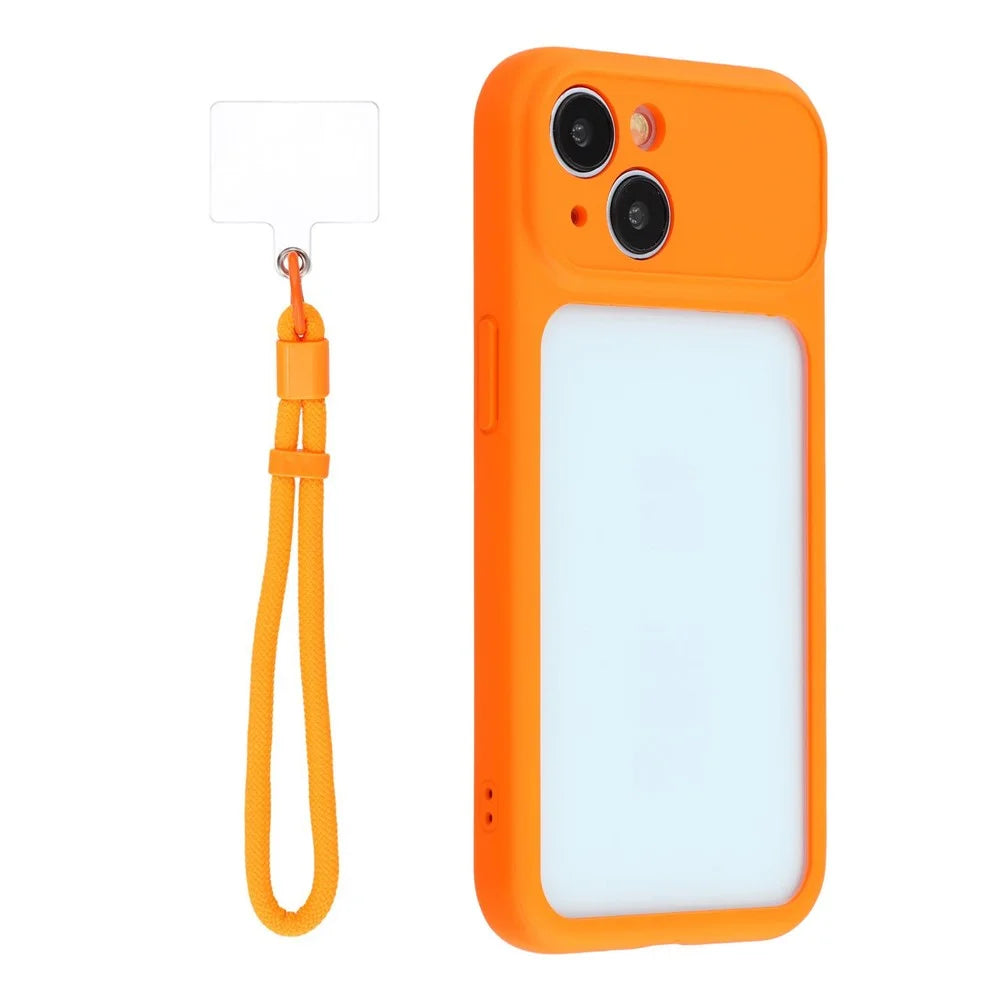 For iPhone 15 Case Large Window TPU + PC Rubberized Phone Cover with Wrist Strap - Orange - 1