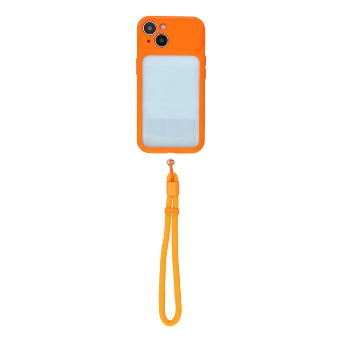 For iPhone 15 Case Large Window TPU + PC Rubberized Phone Cover with Wrist Strap - Orange - 2