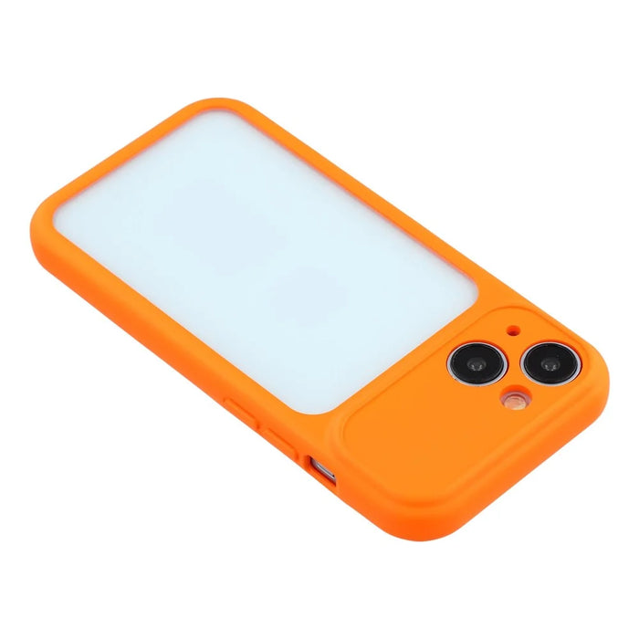 For iPhone 15 Case Large Window TPU + PC Rubberized Phone Cover with Wrist Strap - Orange - 6