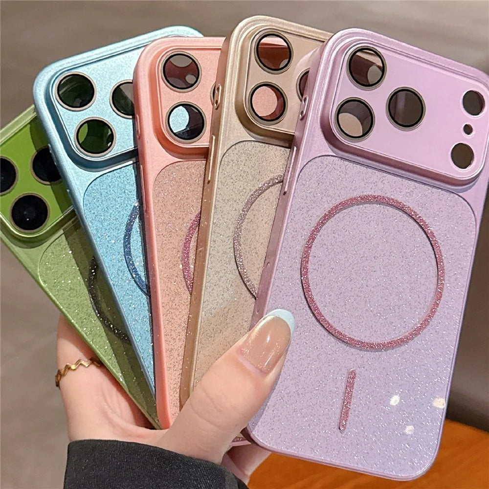 For iPhone 17 Pro Max Magnetic Case Glitter PU Leather Coated PC + TPU Shockproof Protective Cover - Orange - 6