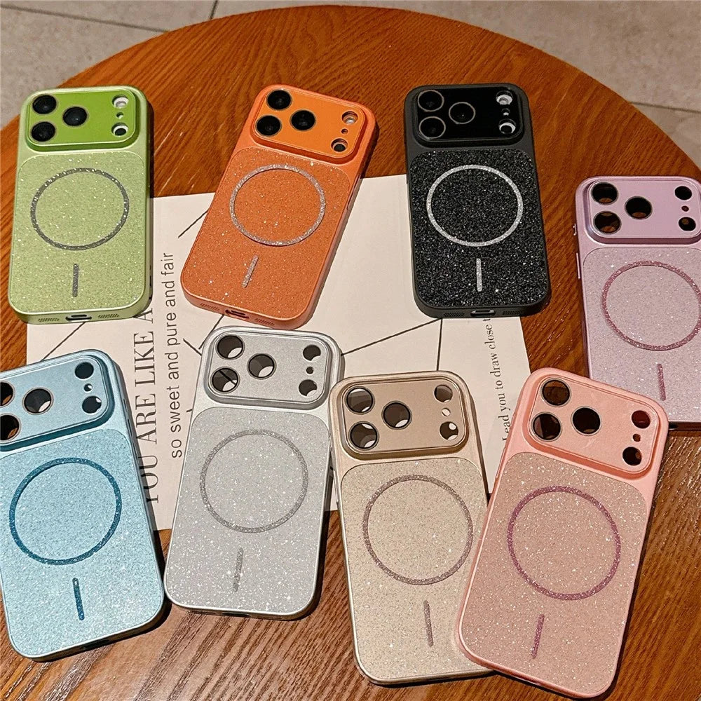 For iPhone 17 Pro Max Magnetic Case Glitter PU Leather Coated PC + TPU Shockproof Protective Cover - Orange - 7
