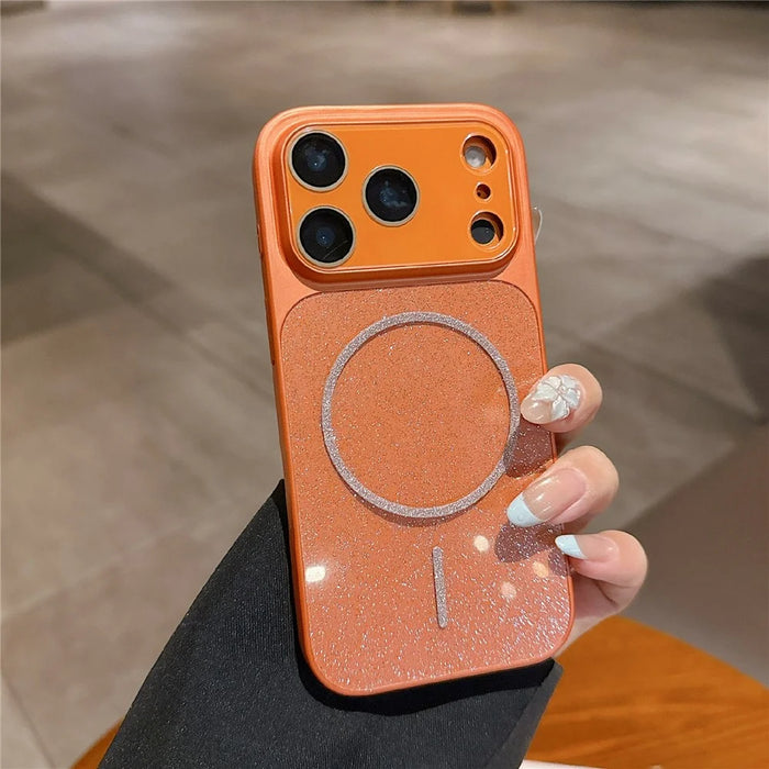 For iPhone 17 Pro Magnetic Case Glitter PU Leather Coated PC + TPU Shockproof Protective Cover - Orange - 1