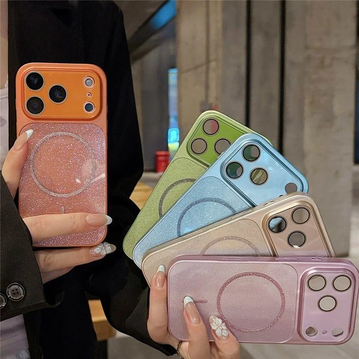 For iPhone 17 Pro Magnetic Case Glitter PU Leather Coated PC + TPU Shockproof Protective Cover - Orange - 5
